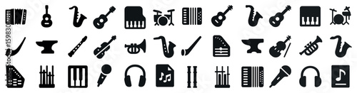 Music instruments silhouette icons set – solid, filled, musical symbol collection