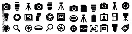 Photography silhouette icons set – solid, camera, and digital imaging symbols
