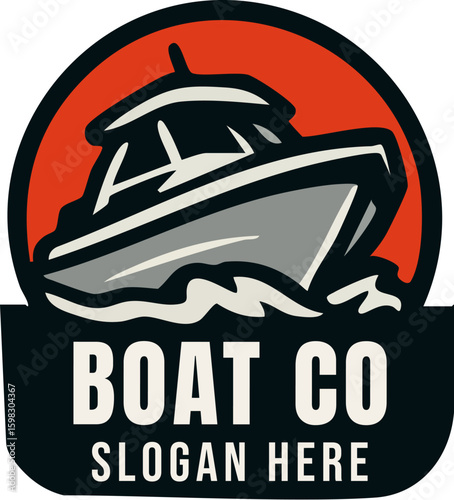A modern motorboat logo emblem with a circular red background and a banner for a company name and slogan.