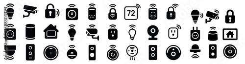Smart home security icons set – solid, filled, surveillance and automation symbols