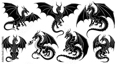 set of Black silhouette of a fantasy dragon flying or standing, with wings spread, horns, spiked tail, and fire-breathing posture, tribal or tattoo-style vector art, highly detailed, no background
