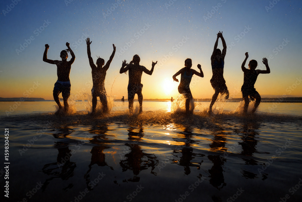 Obraz premium A group of six friends joyfully splashes in the water at a beach, silhouetted against a vibrant sunset, creating a lively atmosphere of fun and friendship. summer holidays concept. Generative AI.