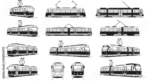 set of Tram city vehicle silhouette black and white vector illustration isolated on a white background
