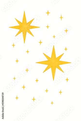 A whimsical scattering of golden stars of various sizes, with two prominent larger stars, against a stark white background, creating a celestial feel.