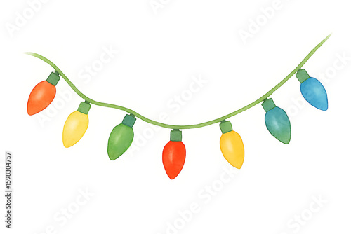 A strand of festive, colorful Christmas lights in orange, yellow, green, red, and blue hangs against a clean white background.