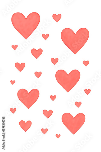 A playful pattern of various-sized pink hearts scattered across a pure white background, ideal for romantic or celebratory themes.
