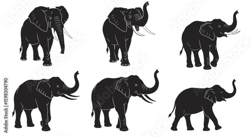 set of Black silhouette of an elephant walking or standing with trunk raised, large ears, tusks visible, tribal or clean vector art style, bold and balanced design, high resolution

