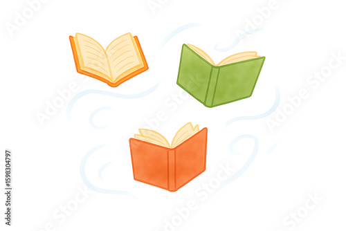 Three small, colorful open books in orange, yellow, and green hues float amidst gentle blue swirling lines on a white background.