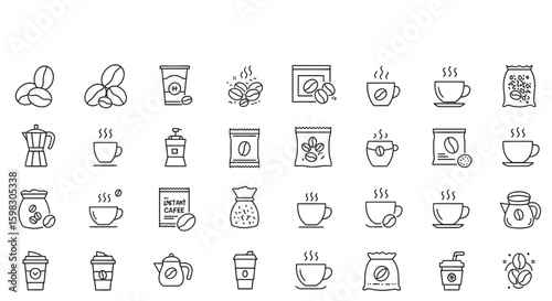 Set of line icons in linear style, Set - Coffee Bean and instant coffee, Hot drink, Outline icon collection, Pictogram and infographic. Editable stroke
