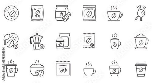 Set of line icons in linear style, Set - Coffee Bean and instant coffee, Hot drink, Outline icon collection, Pictogram and infographic. Editable stroke
