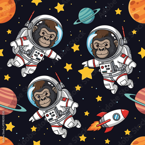 Cute chimpanzee astronauts floating in space, perfect for kids' apparel, space-themed projects, or children's books.