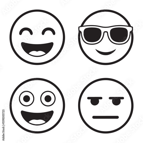 Four distinct cartoon emoji faces showcasing a range of emotions from joy to indifference