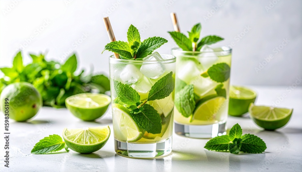 Fototapeta premium Refrescantes cócteles de mojito con lima y hojas de menta fresca en vasos transparentes sobre fondo blanco.