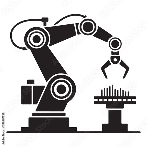 Industrial robotic arm with gripper precisely manipulating small components on a factory floor