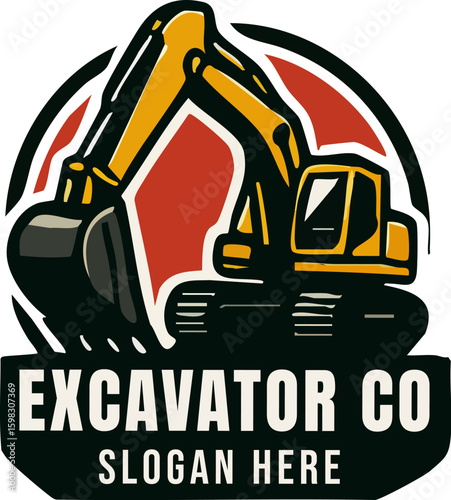 Heavy-duty yellow excavator construction company logo.
