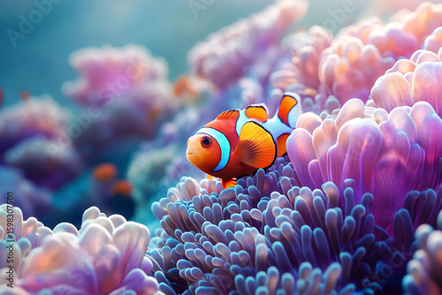 Fototapeta Naklejka Na Ścianę i Meble -  Clownfish swimming through vibrant coral reef underwater ocean scene with colorful marine life, generative ai
