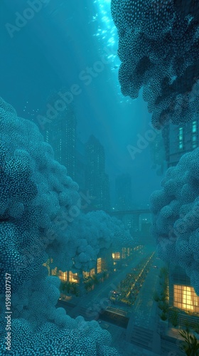 Pixelated Underwater Cityscape At Night