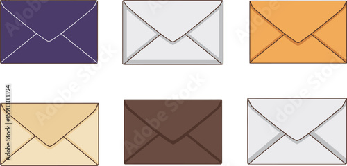 Vector art of a set of six modern envelope illustrations in various colors, isolated on white background
