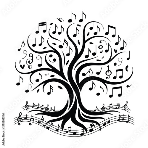Artistic tree of music with musical notes and staff lines