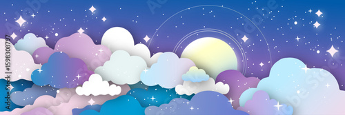 Colorful clouds and moon on starry night sky – minimal vector illustration