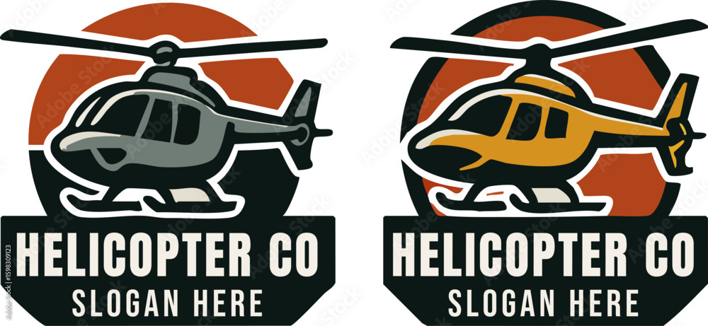 Naklejka premium Two Helicopter Company Logos with Retro Style Featuring Different Color Schemes and Bold Typography.