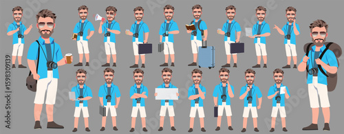 Traveler character model sheet, Character poses, expressions, Walk cycle, Run cycle animated character sequences.