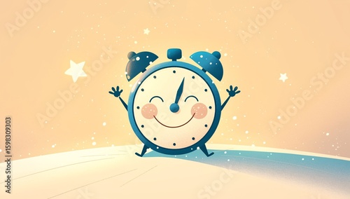Cute smiling alarm clock cartoon on yellow background