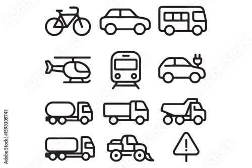 Commercial vehicles line icon set. Pictograms collection of container, pallet, forklift, plane, drone, helicopter, train, cargo truck, warehouse.