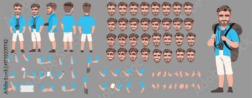 Traveler character model sheet, Character poses, expressions, Walk cycle, Run cycle animated character sequences.