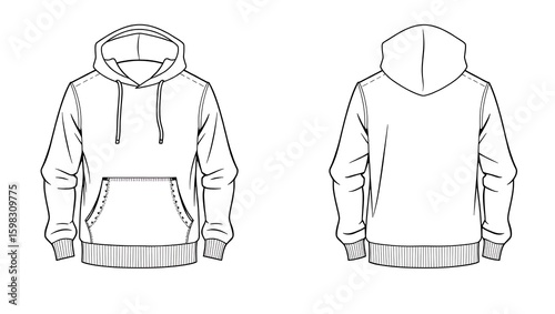 Hoodie technical sketch front and back views vector illustration for fashion design