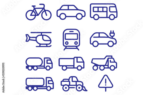 Commercial vehicles line icon set. Pictograms collection of container, pallet, forklift, plane, drone, helicopter, train, cargo truck, warehouse.