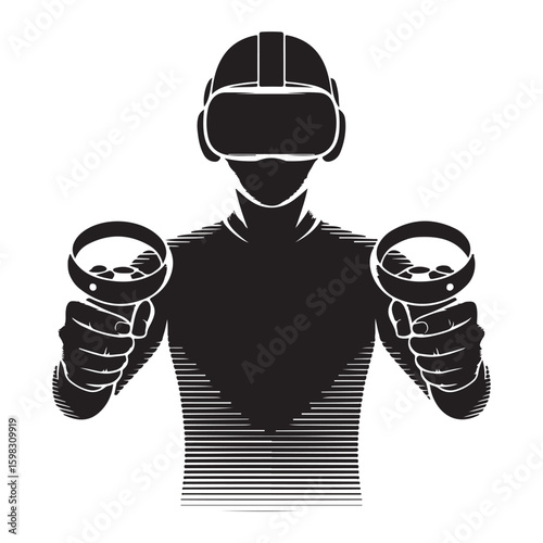 Stylized silhouette of a person wearing a vr headset and holding controllers for immersive virtual reality gaming