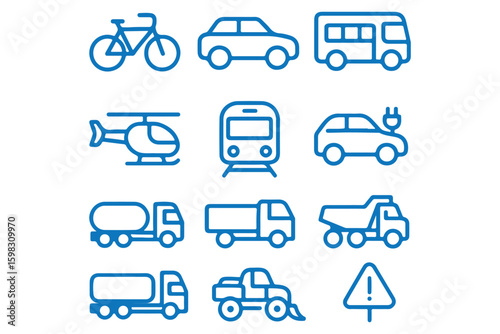 Commercial vehicles line icon set. Pictograms collection of container, pallet, forklift, plane, drone, helicopter, train, cargo truck, warehouse.