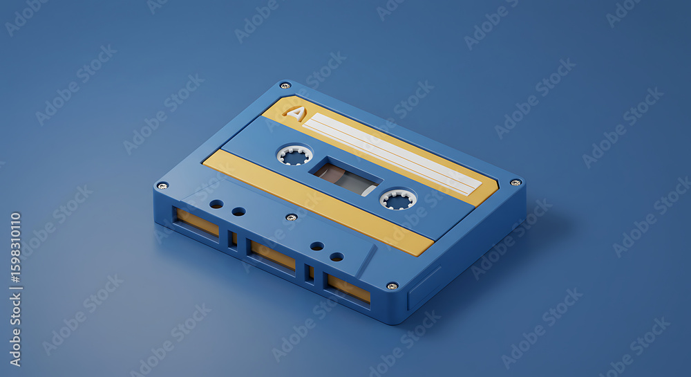 Fototapeta premium Retro blue and yellow cassette tape on blue background