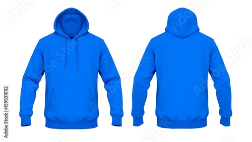 Blue hooded sweatshirt mockup front and back views isolated on white background