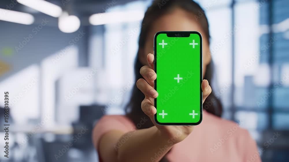 A woman holds up a smartphone with a green screen display, showcasing it to the viewer in an office environment.