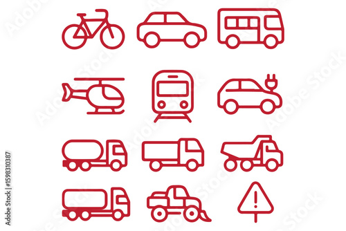 Commercial vehicles line icon set. Pictograms collection of container, pallet, forklift, plane, drone, helicopter, train, cargo truck, warehouse.