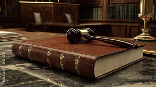 Gavel on Law Book in Courtroom Symbolizing Justice and Authority