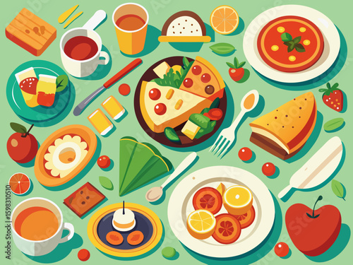 This seamless vector pattern features Easter eggs, vegetables, and pizza, creating a tasty Italian-themed illustration perfect for restaurant menus or healthy food designs