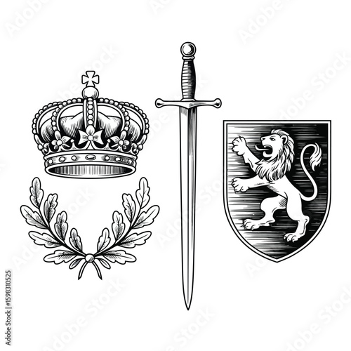 Royal emblem collection featuring crown sword laurel wreath and lion shield