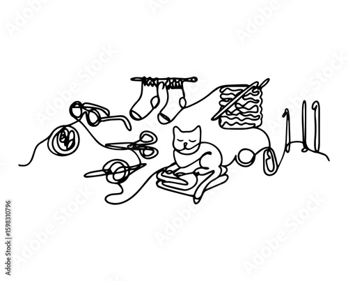 A set of items drawn in one line for knitting.