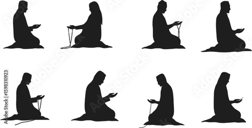 Vector art of silhouettes of men kneeling in prayer with prayer beads, isolated on white background