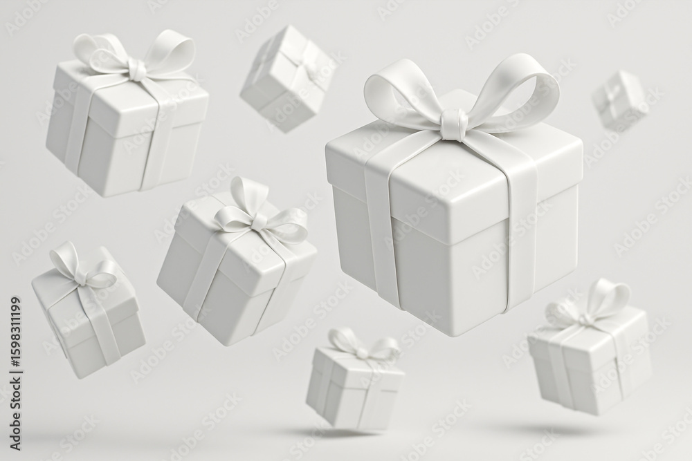 Fototapeta premium Floating White Gift Boxes with Bows: Minimalist, Elegant, Festive 3D Render