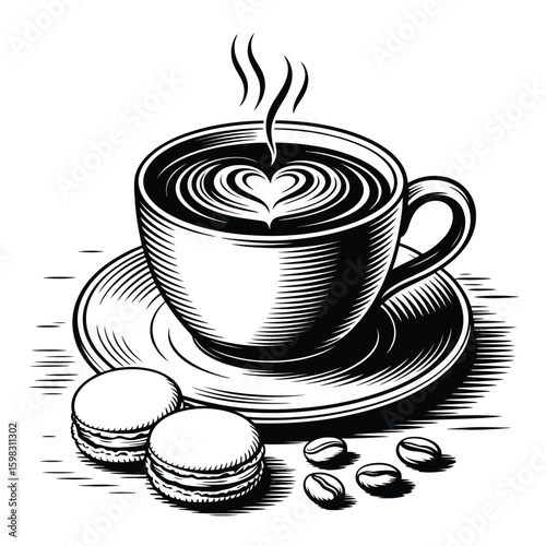 Hand drawn sketch of a steaming cup of coffee with latte art and macarons