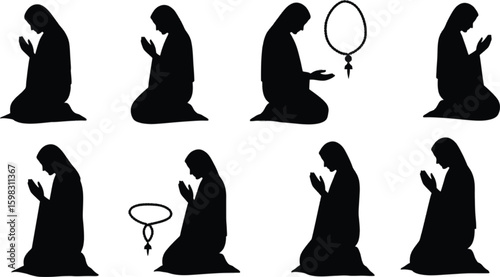 Vector art of silhouettes of women kneeling in prayer with rosary beads, isolated on white background