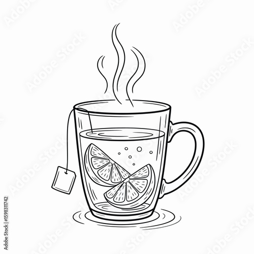 Hand drawn sketch of a steaming glass mug filled with hot tea and lemon slices