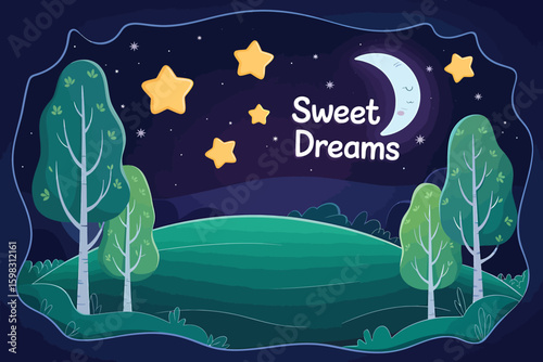 Dreamy landscape with moon stars trees and the words sweet dreams creating a magical bedtime scene illustration for children and families