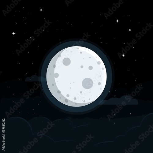 Cartoon Moon Shining Brightly in Starry Night Sky with Dark Clouds Below Creating a Whimsical Space Scene