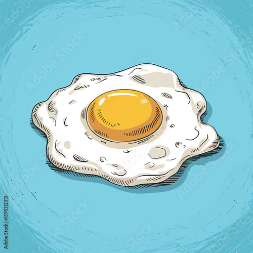 Sunny Side Up Egg Hand Drawn Illustration on Blue Background Delicious Breakfast Food Concept