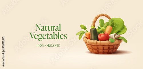 Natural organic vegetables in a basket, 3D. Realistic farm vegetables: carrot, tomato, pepper, mushroom, and lettuce. For healthy food concepts. Vector illustration.